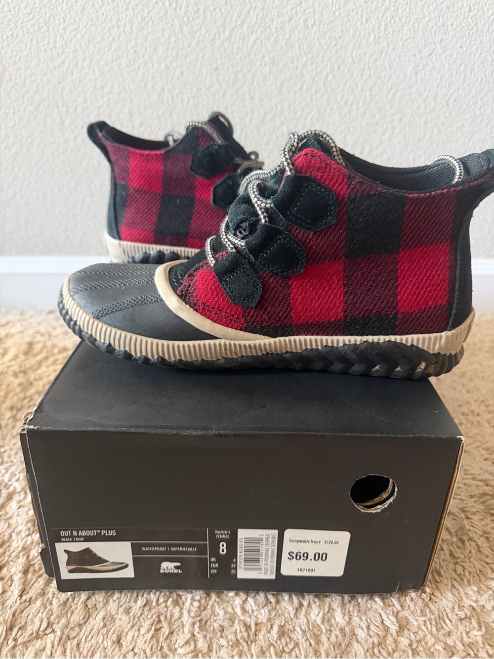 Sorel Kids Red and Black Plaid Duck Boot